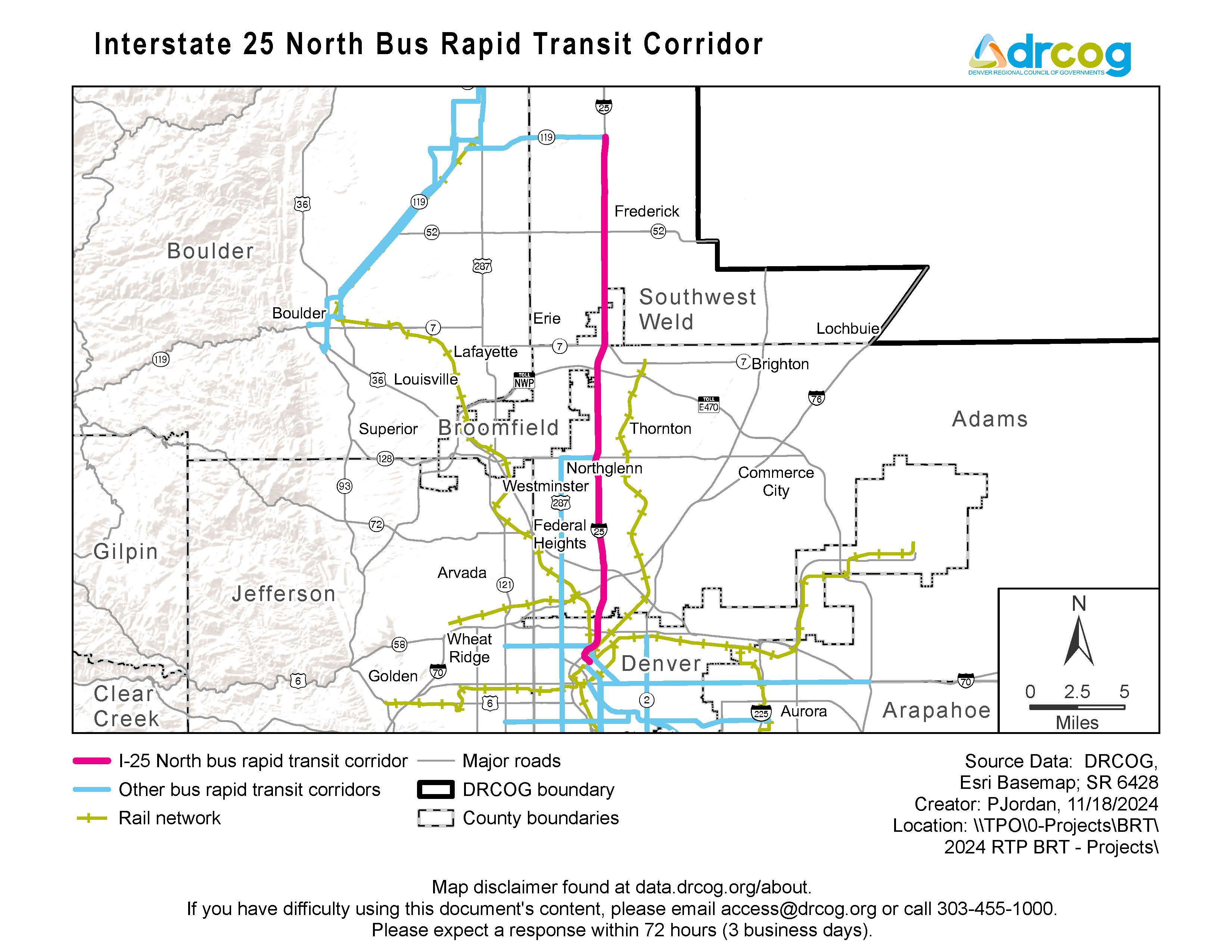 A map depicting the Interstate 25-north bus rapid transit corridor, which runs north and south. Other bus rapid transit corridors and rail networks are also illustrated. Its geographic areas include Arapahoe, Adams, Broomfield, Boulder, Jefferson, Gilpin, Clear Creek, and Weld counties, the City and County of Denver and other municipalities within. If you need digital accessibility assistance, submit a request at drcog.org/access or call 303-455-1000.