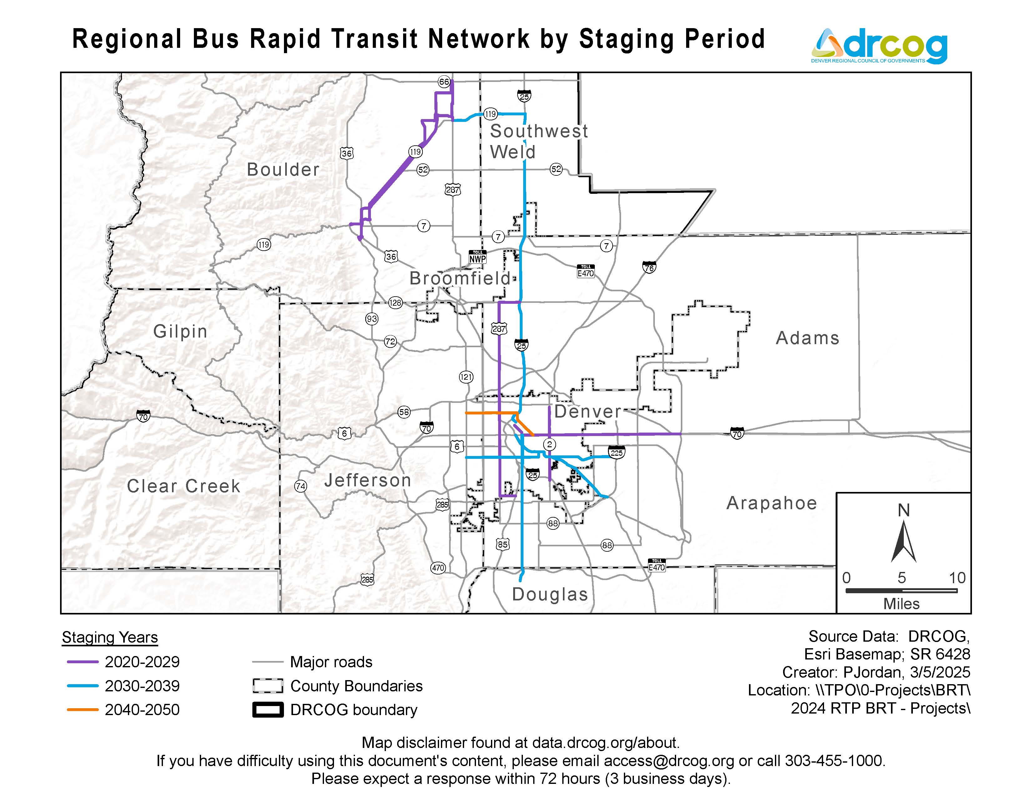 A map depicting each bus rapid transit corridor included in the regional bus rapid transit network grouped by staging period. Staging years 2020-2029 are illustrated using a purple line symbol, the staging years 2030-2039 are illustrated using a blue line symbol, and the staging years 2040-2049 are illustrated using an orange line symbol. Its geographic areas include Arapahoe, Adams, Broomfield, Boulder, Clear Creek, Douglas, Jefferson, Gilpin, and Weld counties and the City and County of Denver. If you nee