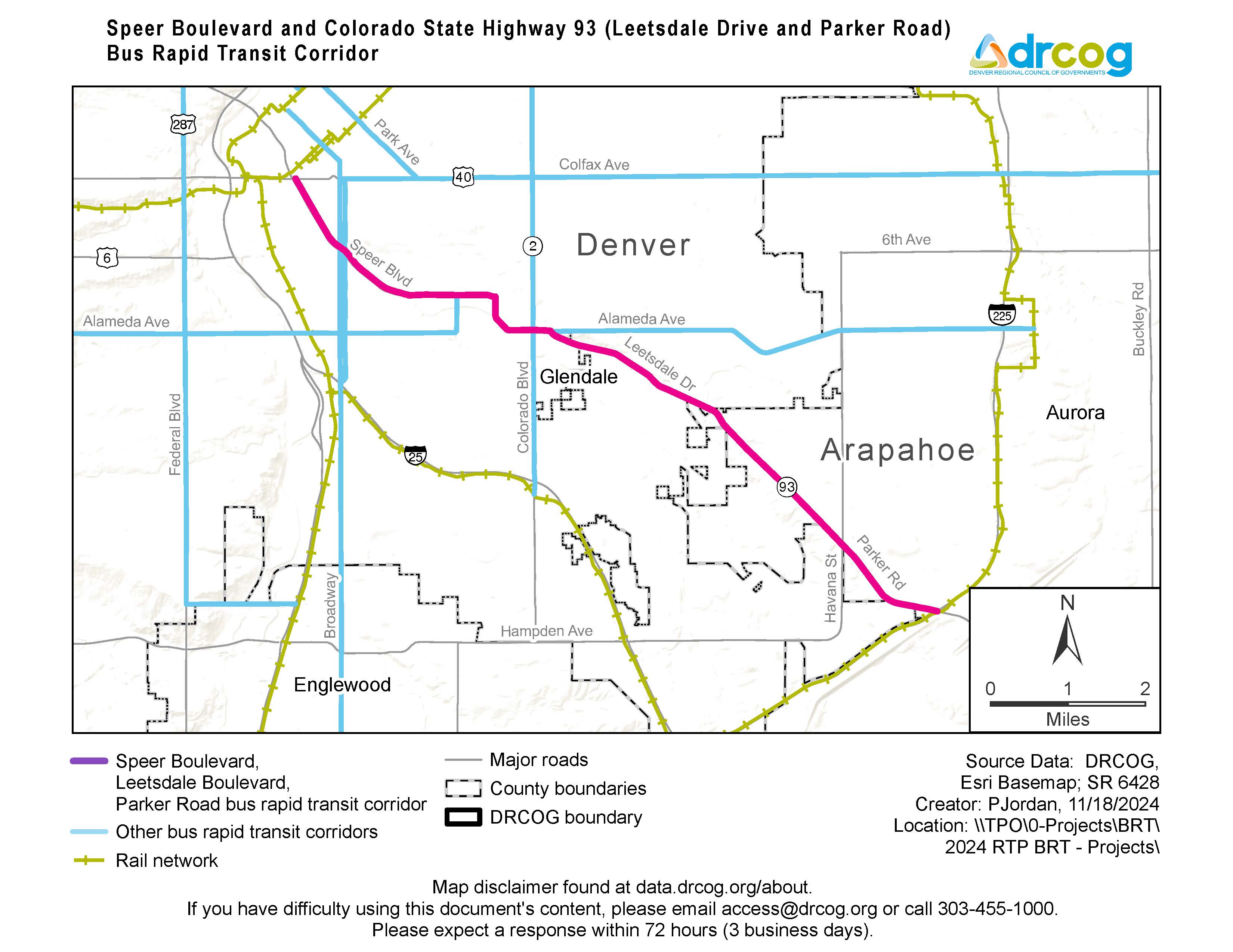 A map depicting the Speer Boulevard and Colorado State Highway 93 bus rapid transit corridor, which runs northwest and southeast. Other bus rapid transit corridors and rail networks are also illustrated. Its geographic areas include Arapahoe county, the City and County of Denver and other municipalities within. If you need digital accessibility assistance, submit a request at drcog.org/access or call 303-455-1000.