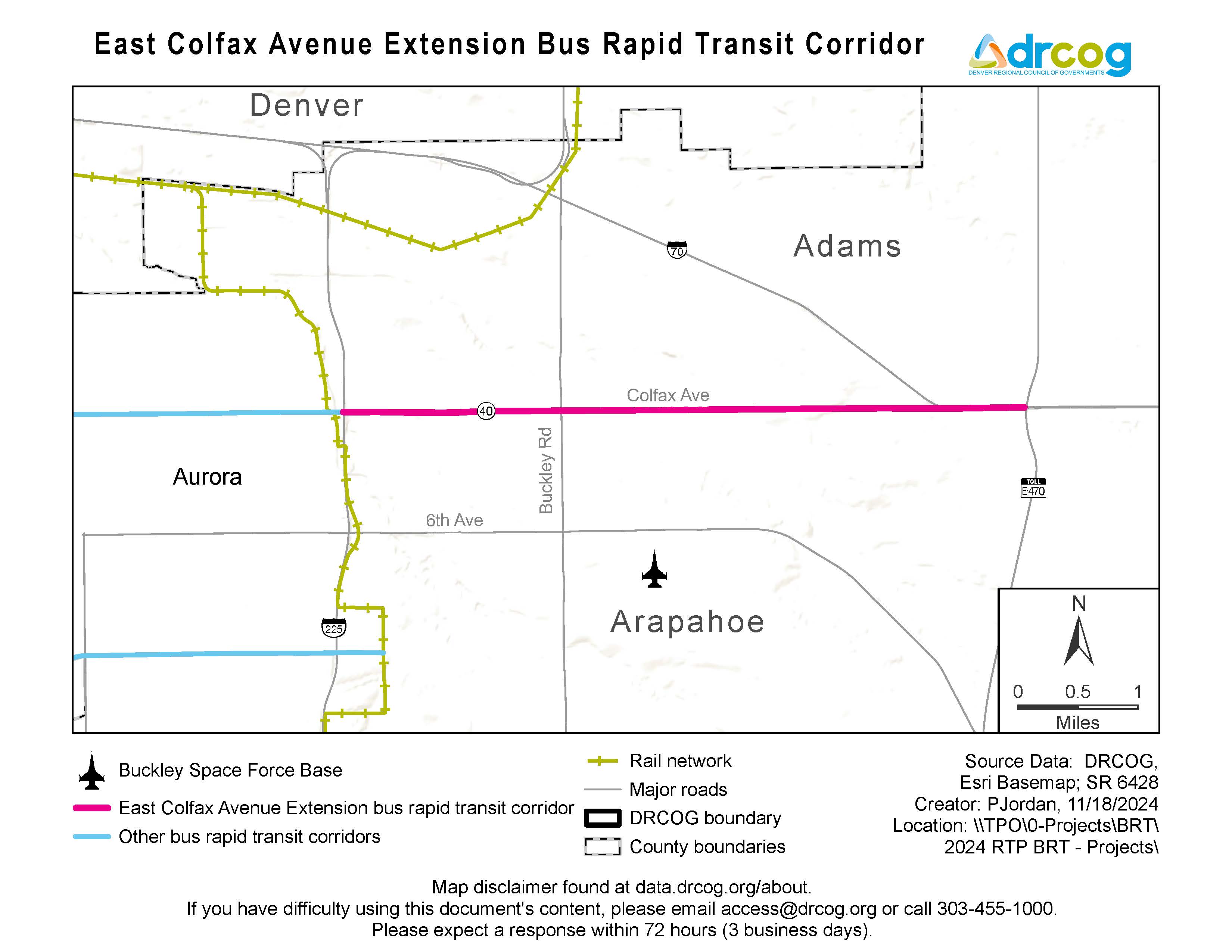 A map depicting the East Colfax Avenue extension bus rapid transit corridor, which runs east and west. Buckley Space Force Base, other bus rapid transit corridors, and rail networks are also illustrated. Its geographic areas include Adams and Arapahoe counties, the City and County of Denver, and other municipalities within. If you need digital accessibility assistance, submit a request at drcog.org/access or call 303-455-1000.