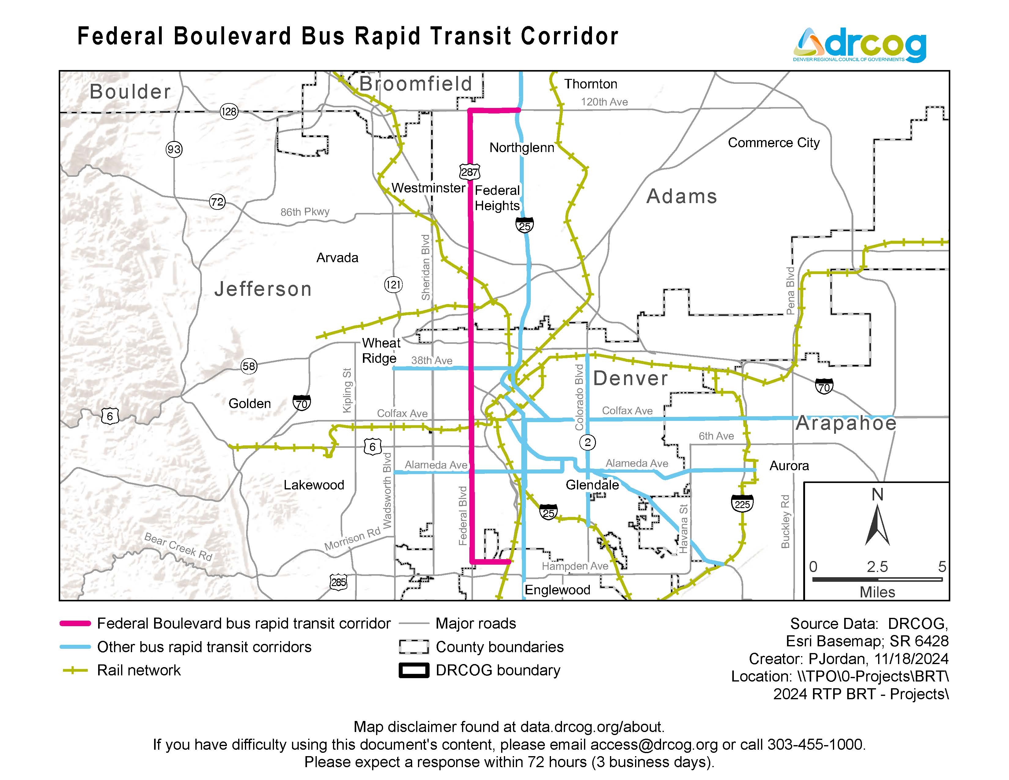 A map depicting the Federal Boulevard bus rapid transit corridor, which runs north and south. Other bus rapid transit corridors and rail networks are also illustrated. Its geographic areas include Arapahoe, Adams, Broomfield, Boulder, and Jefferson counties, the City and County of Denver and other municipalities within. If you need digital accessibility assistance, submit a request at drcog.org/access or call 303-455-1000.