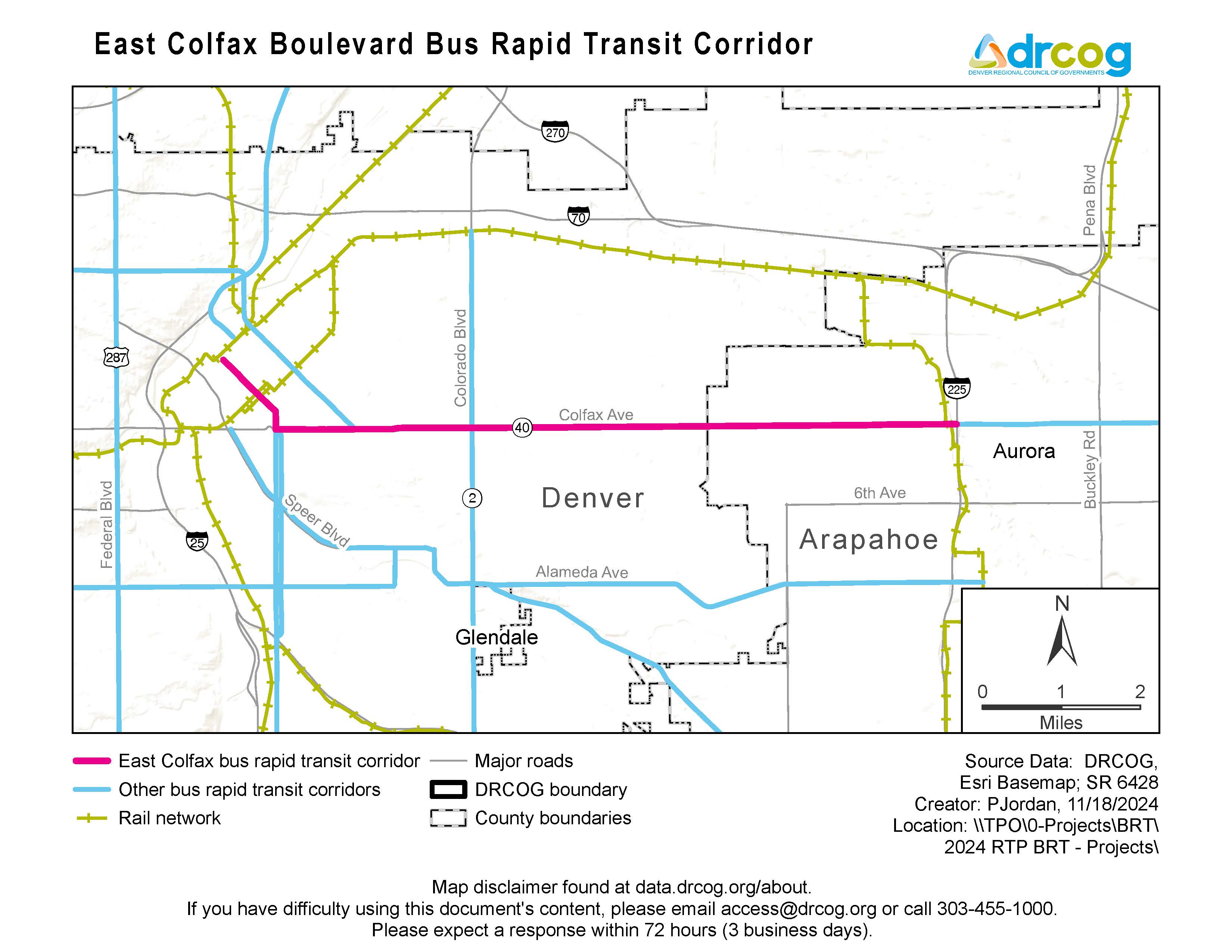 A map depicting the East Colfax Boulevard bus rapid transit corridor, which runs east and west. Other bus rapid transit corridors and rail networks are also illustrated. Its geographic areas include Arapahoe county, the City and County of Denver, and other municipalities within. If you need digital accessibility assistance, submit a request at drcog.org/access or call 303-455-1000.