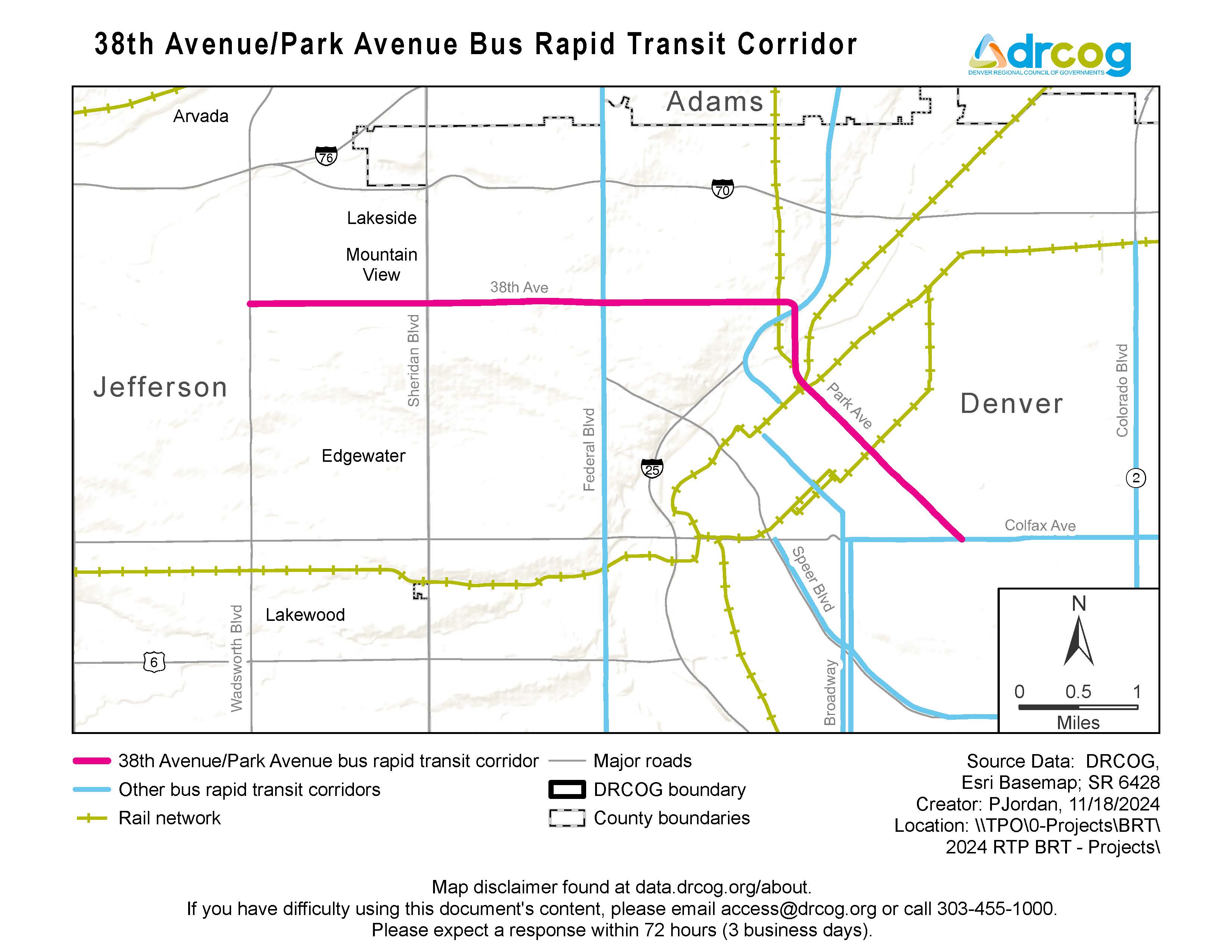 A map depicting the 38 Avenue and Park Avenue bus rapid transit corridor, which runs east and west. Other bus rapid transit corridors and rail networks are also illustrated. Its geographic areas include Adams and Jefferson counties, the City and County of Denver and other municipalities within. If you need digital accessibility assistance, submit a request at drcog.org/access or call 303-455-1000.