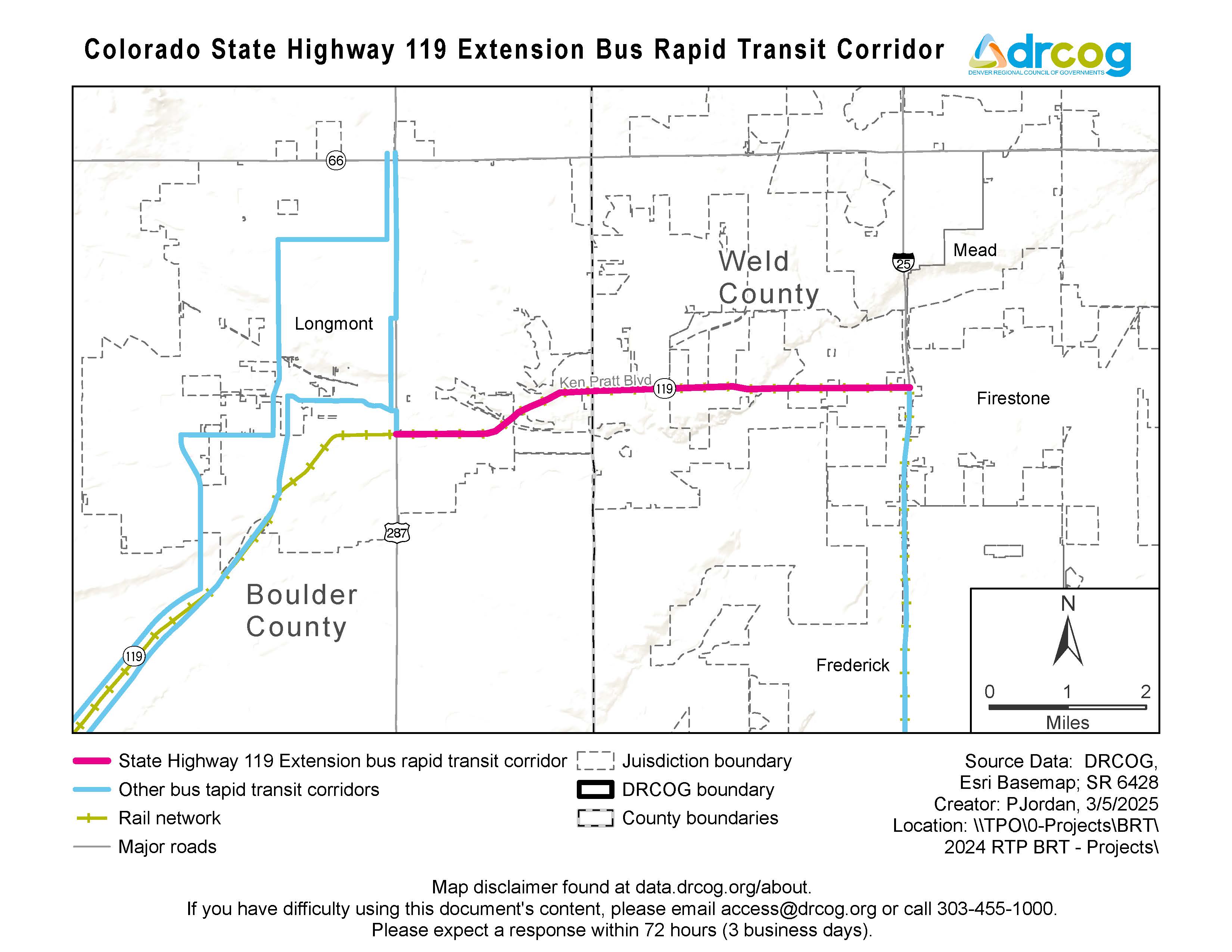 A map depicting the Colorado State Highway 119 extension bus rapid transit corridor, which runs east and west. Other bus rapid transit corridors and rail networks are also illustrated. Its geographic areas include Boulder and Weld counties, and other municipalities within. If you need digital accessibility assistance, submit a request at drcog.org/access or call 303-455-1000.