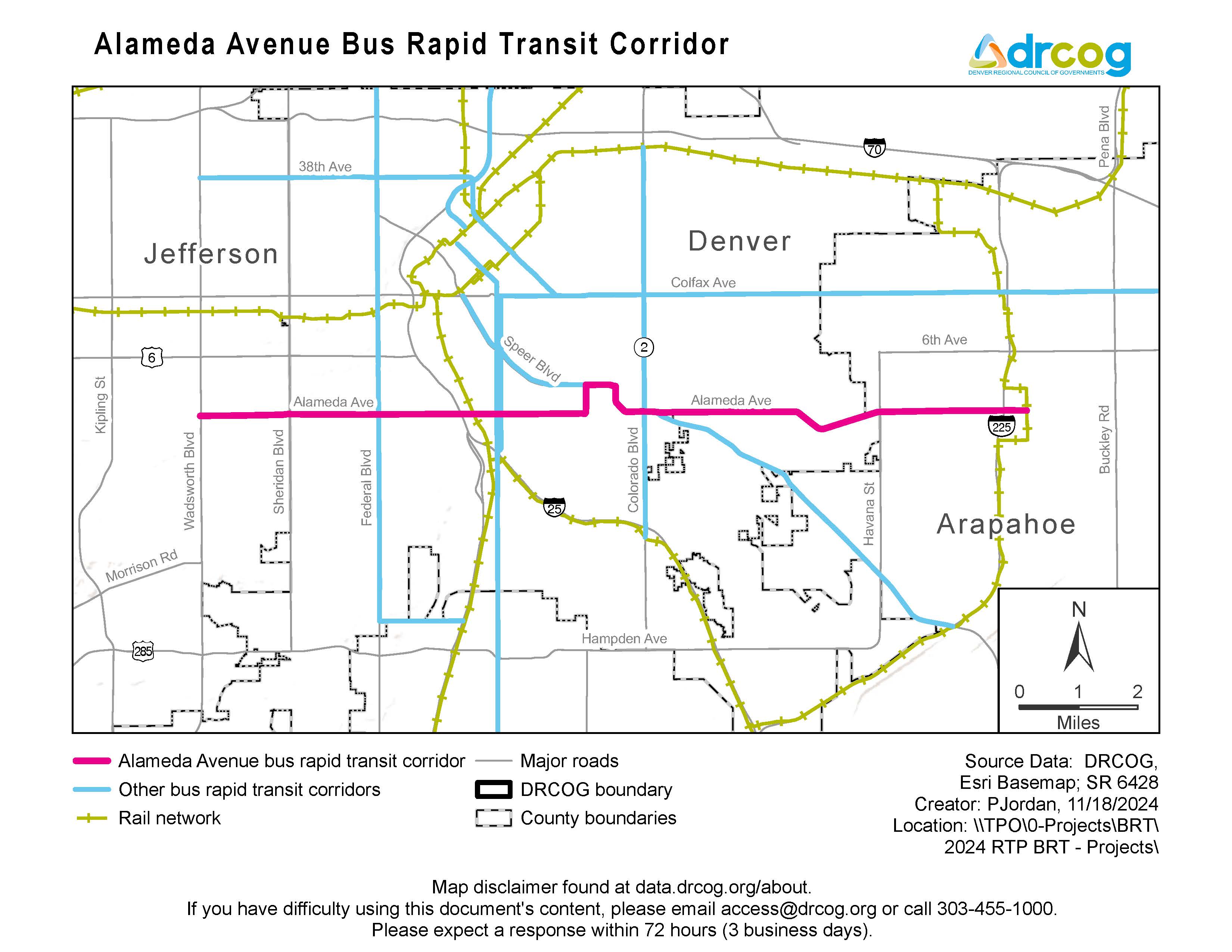 A map depicting the Alameda Avenue bus rapid transit corridor, which runs east and west. Other bus rapid transit corridors and rail networks are also illustrated. Its geographic areas include Arapahoe and Jefferson counties, and the City and County of Denver. If you need digital accessibility assistance, submit a request at drcog.org/access or call 303-455-1000.
