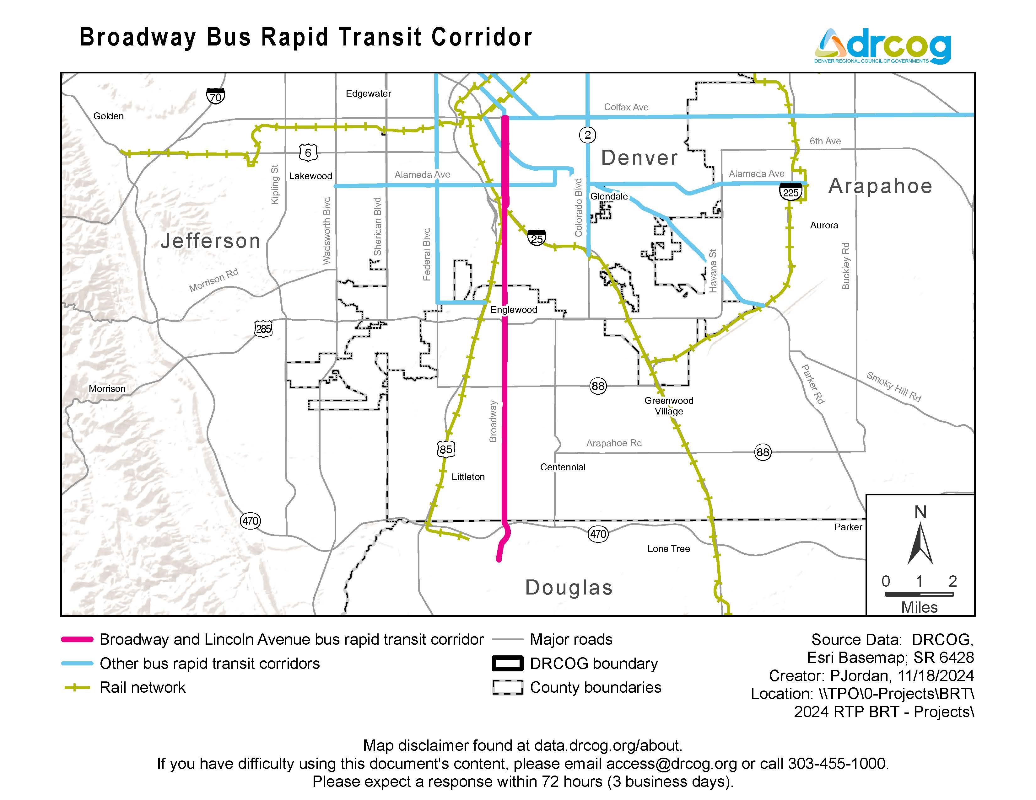 A map depicting the Broadway and Lincoln Avenue bus rapid transit corridor, which runs north and south. Other bus rapid transit corridors and rail networks are also illustrated. Its geographic areas include Arapahoe, Douglas, and Jefferson counties, the City and County of Denver and other municipalities within. If you need digital accessibility assistance, submit a request at drcog.org/access or call 303-455-1000.