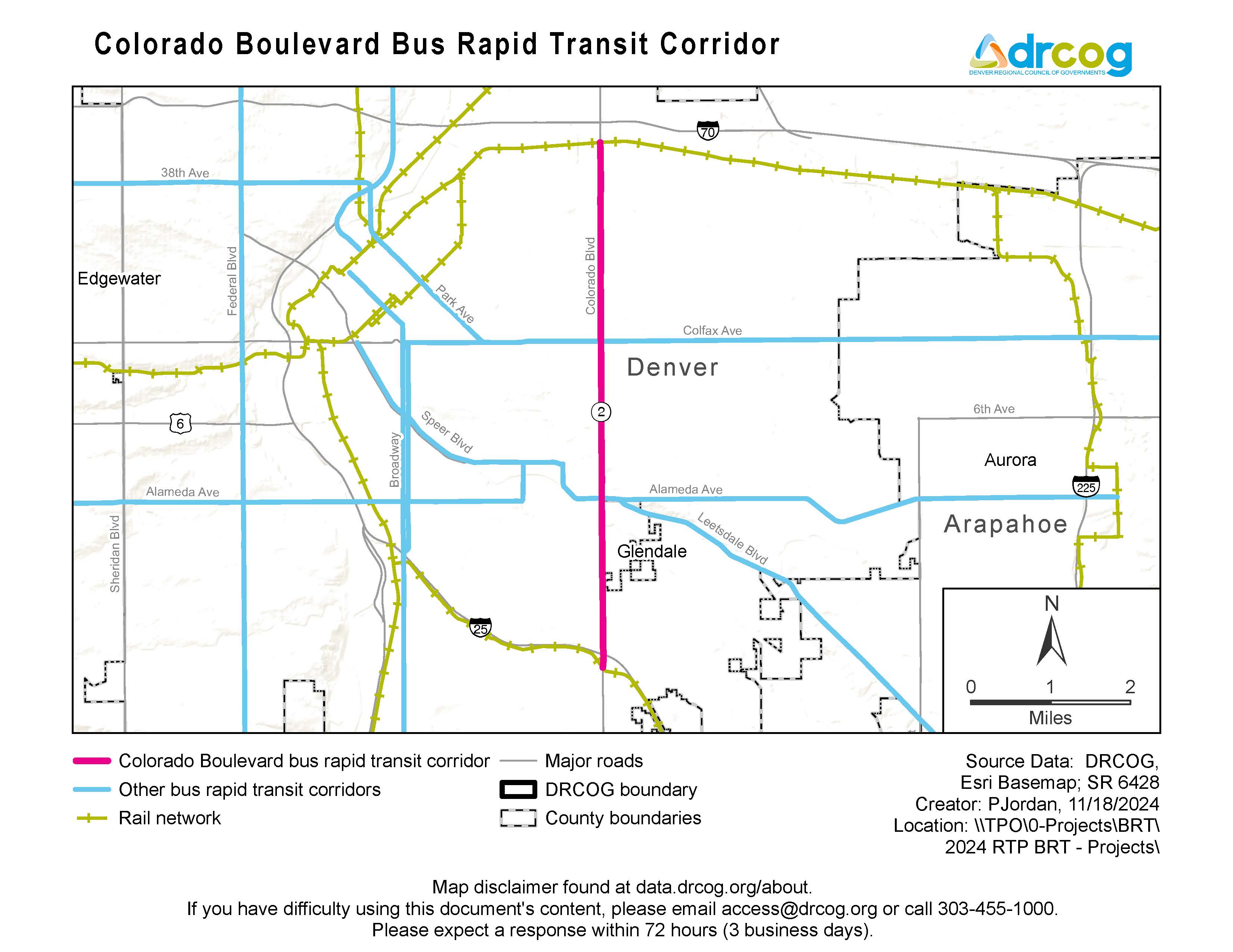 A map depicting the Colorado Boulevard bus rapid transit corridor, which runs north and south. Other bus rapid transit corridors and rail networks are also illustrated. Its geographic areas include Arapahoe county, the City and County of Denver and other municipalities within. If you need digital accessibility assistance, submit a request at drcog.org/access or call 303-455-1000.