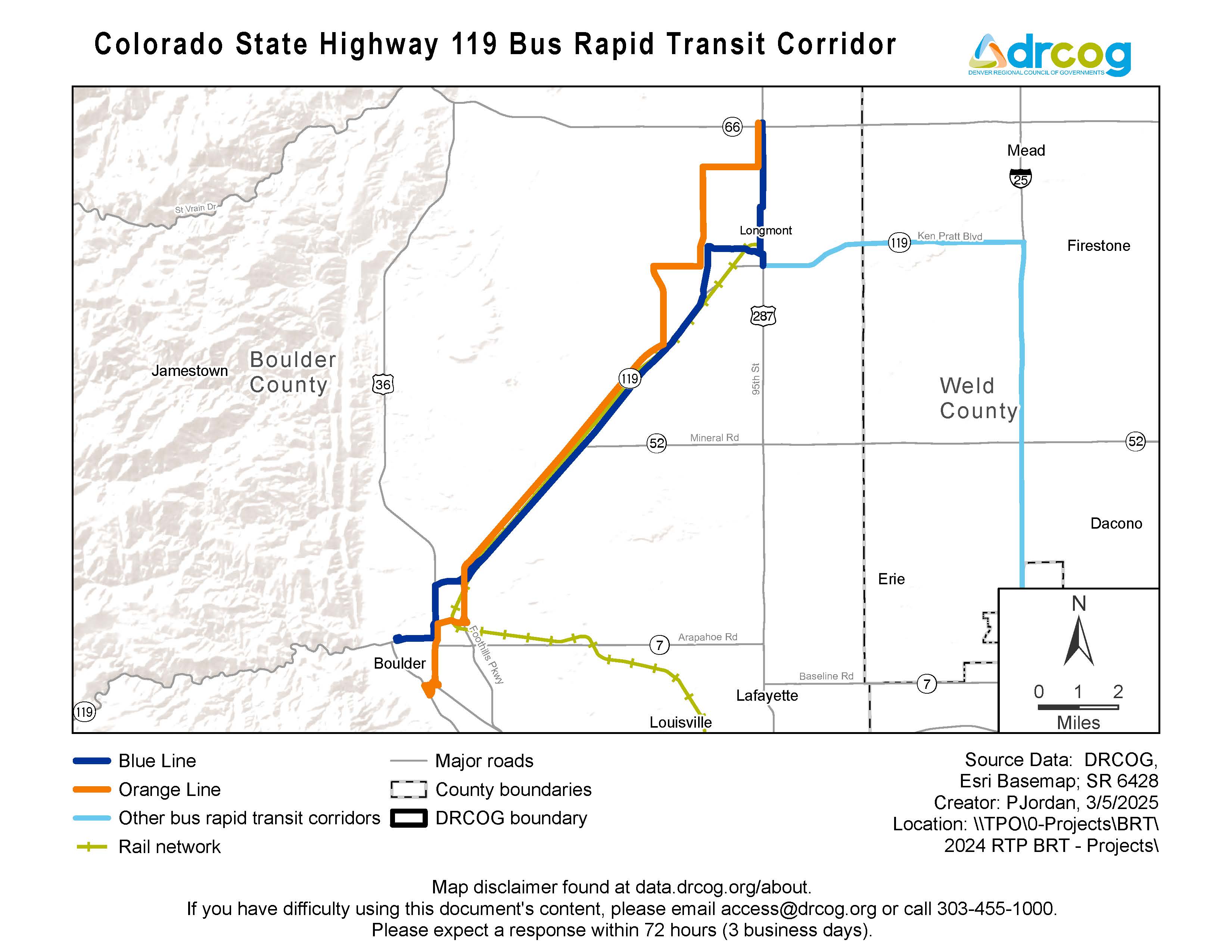A map depicting the two lines along the Colorado State Highway 119 bus rapid transit corridor, which runs northeast and southwest. Other bus rapid transit corridors and rail networks are also illustrated. Its geographic areas include Boulder and Weld counties, and other municipalities within. If you need digital accessibility assistance, submit a request at drcog.org/access or call 303-455-1000.