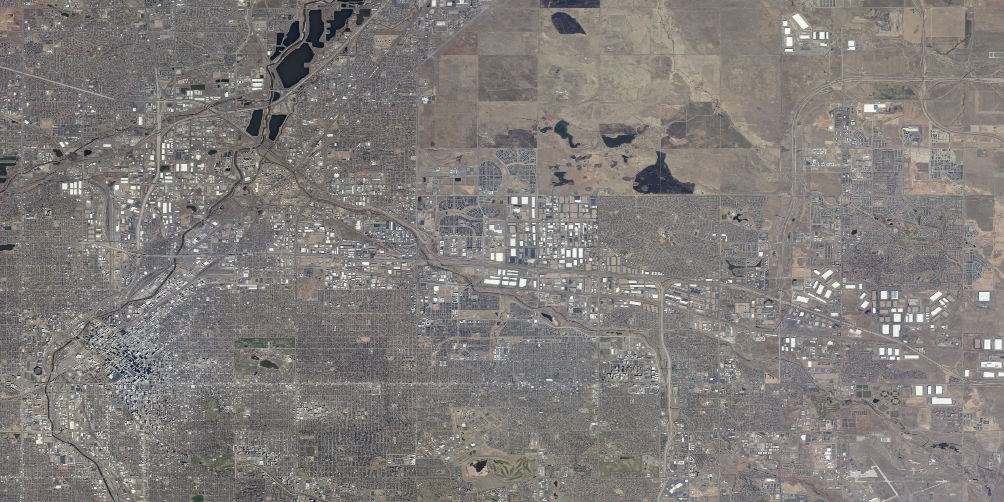 An aerial view of downtown Denver and the surrounding area.