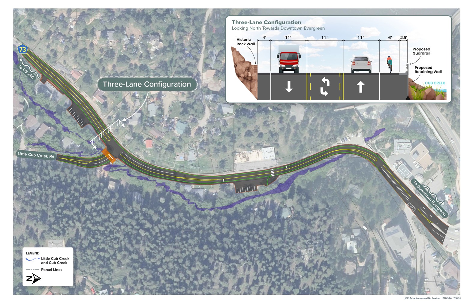 An artist's rendering illustrating an aerial view of the Highway 73 road project. Near the intersection of Highway 73 and Little Cub Creek Road is a callout that says Three-Lane Configuration. A pullout image overlaid on the aerial view shows the lane configuration: two traffic lanes, a center turn lane and a bike lane.