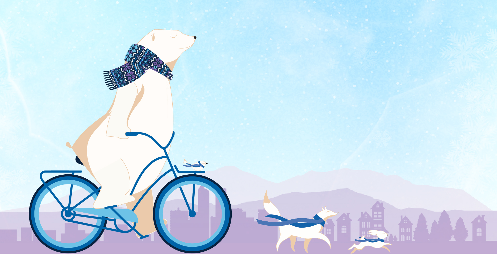 An illustration of a polar bear wearing a colorful scarf while riding a bicycle, accompanied by a round white bird, a white arctic fox and a white arctic hare, all wearing blue scarves.