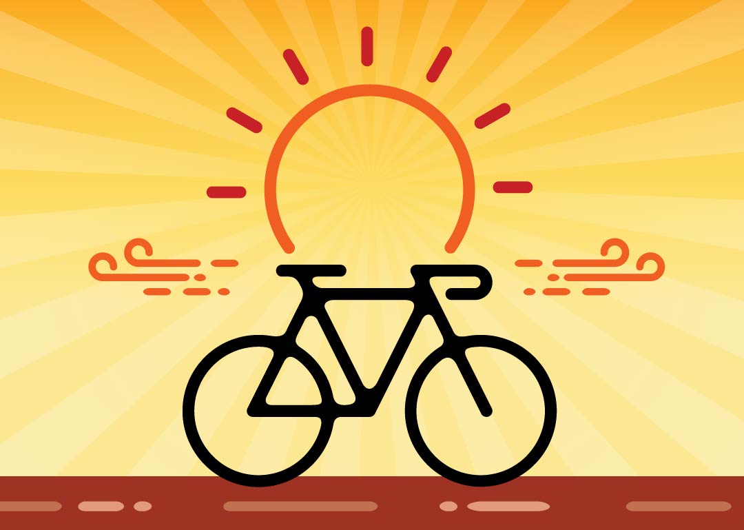 An icon depicts a bicycle beneath a radiant sun. Vibrant yellow and orange rays extend from the sun's center, symbolizing sunbeams. Lines on either side of the bicycle evoke a sense of motion.