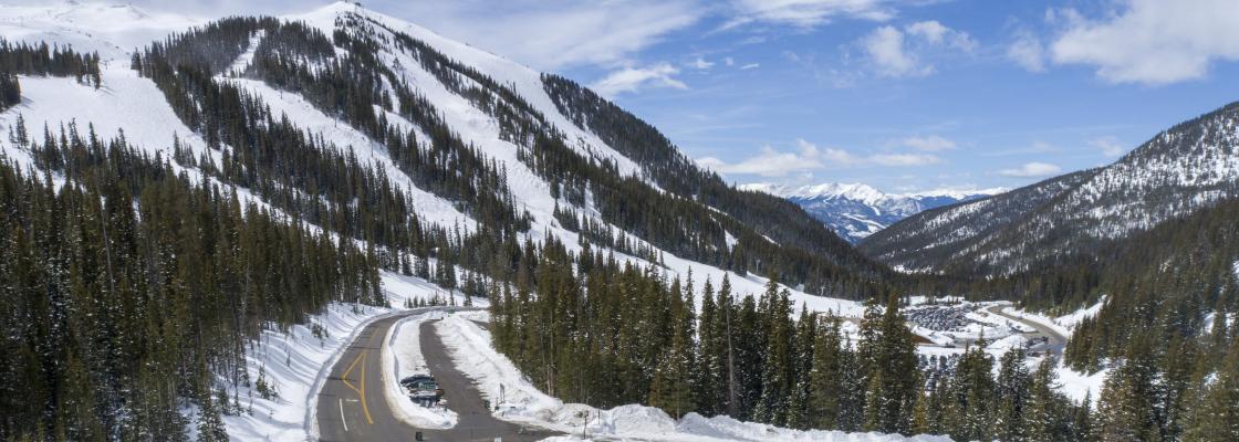 Scenic view of the Rocky Mountains in Colorado, looking north along US 6 and Loveland Pass. 