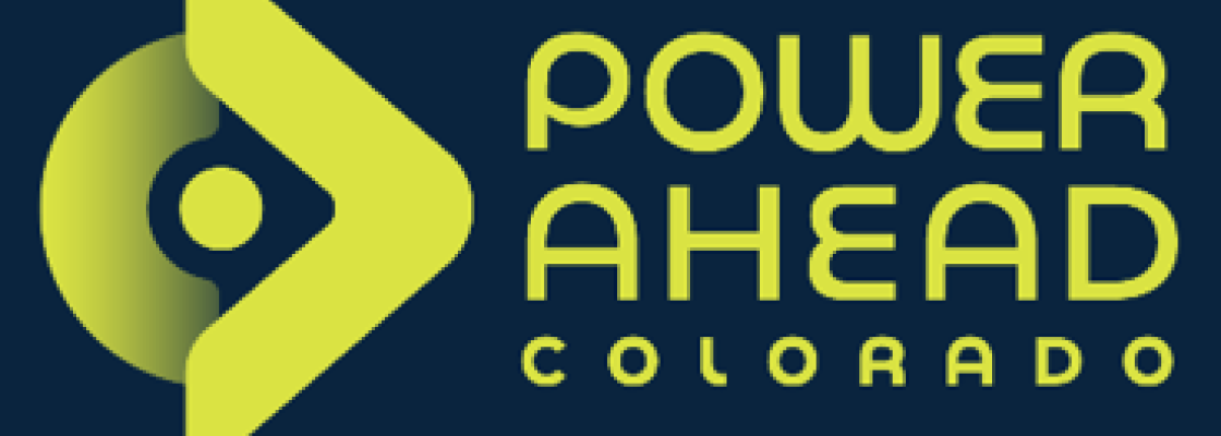 Power Ahead Colorado logo, a stylized arrow points right symbolizing progress while a half circle with a dot represents Colorado.