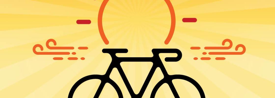 An icon depicts a bicycle beneath a radiant sun. Vibrant yellow and orange rays extend from the sun's center, symbolizing sunbeams. Lines on either side of the bicycle evoke a sense of motion.