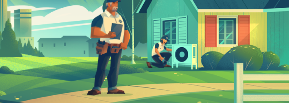 Illustration of man holding clipboard and woman installing a heat pump to a house exterior.