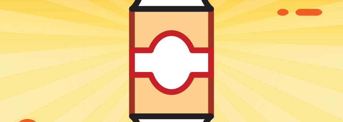 An icon of an aluminum can with the tab popped up. Orange lines representing motion are on either side of the icon. The background is a dark orange to yellow gradient with lighter lines coming out from the center of the icon.